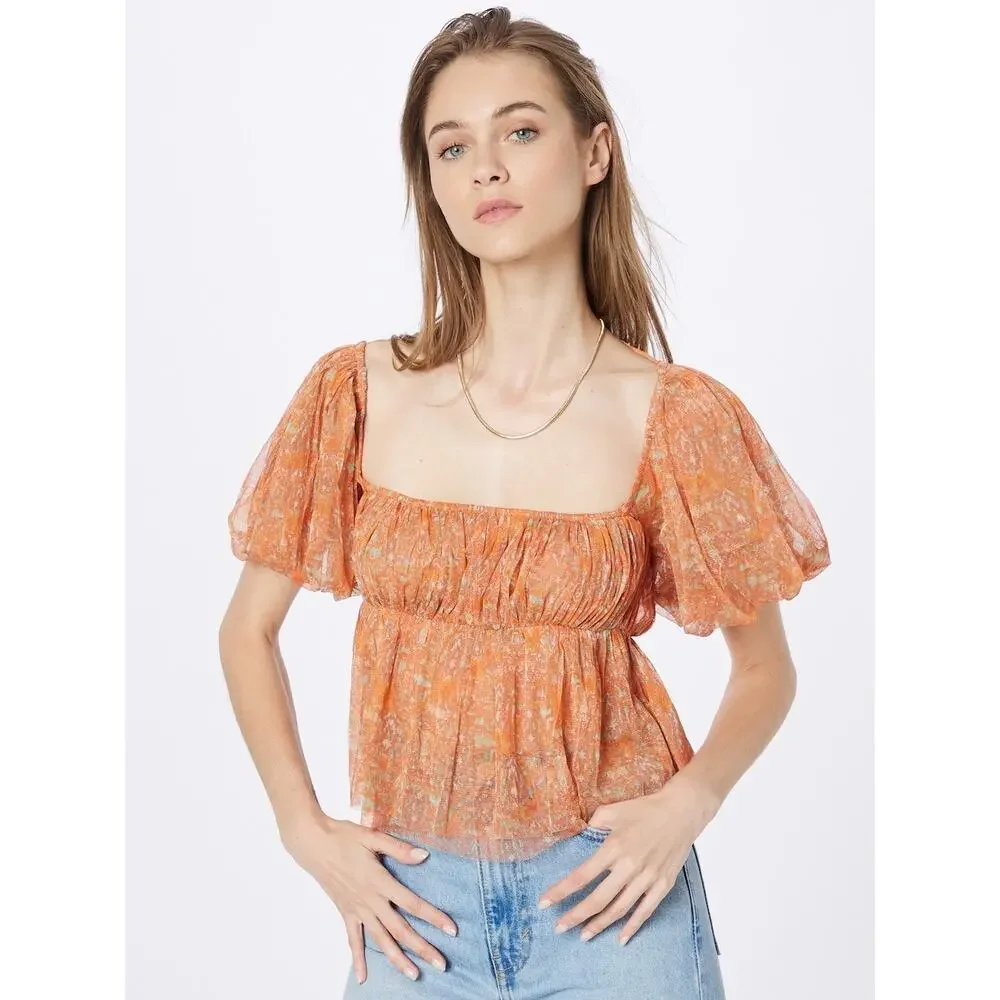 Free People Penelope Blouse Smocked Peplum Dark Orange Mesh Puff Sleeve Top  XS
